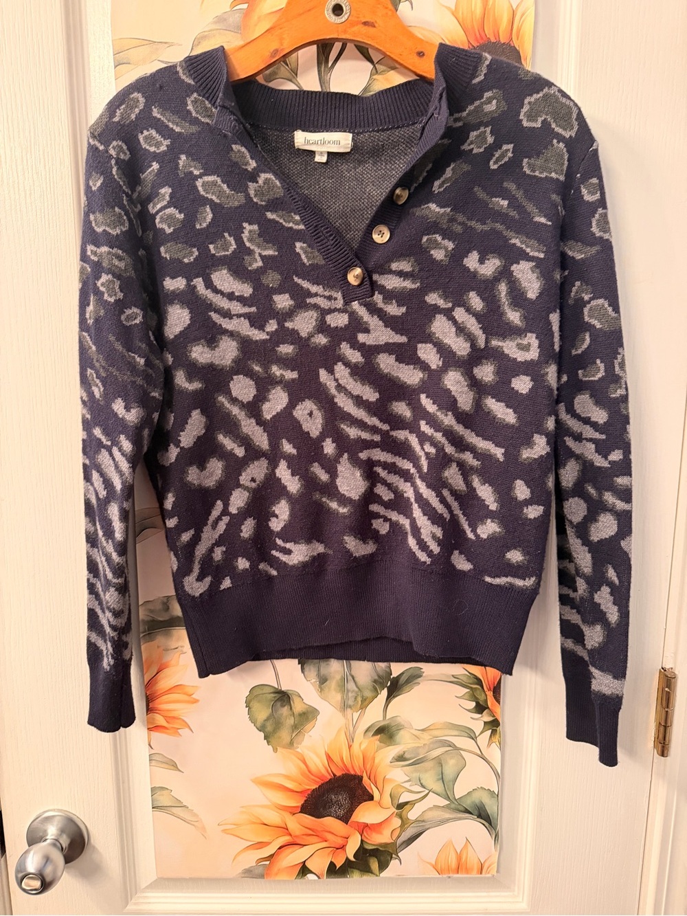 Heartloom Navy and Light Gray Animal-Print V-Neck Sweater